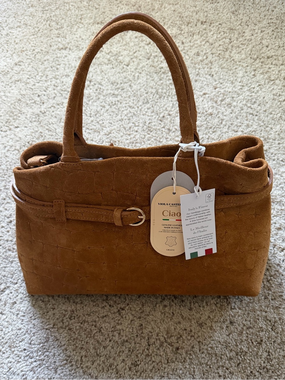 Viola Castellani VCTJ2218-CUOIO Made In Italy Suede Crocodile Belted Satchel NWT